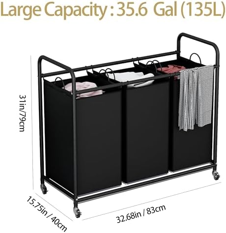 LINZINAR 3 Section Laundry Hamper, Black Laundry Basket 135L Laundry Sorter