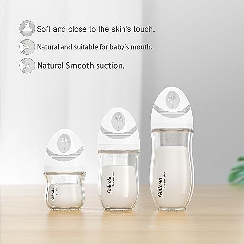 Gulicola Natural Glass Baby Bottle for Breastfeeding Babies, Newborn Anti-Colic Bottle Set with Slow Flow Nipple, 0-3 Months, 5 oz, 2 Pack - White