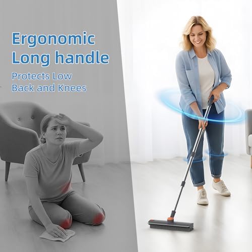 Floor Scrub Brush with Long Handle, 3 in 1 Scrape and Heavy-Duty Stiff Bristle Floor Scrubber Brush Broom with Squeegee and Tweezer for Cleaning Grey