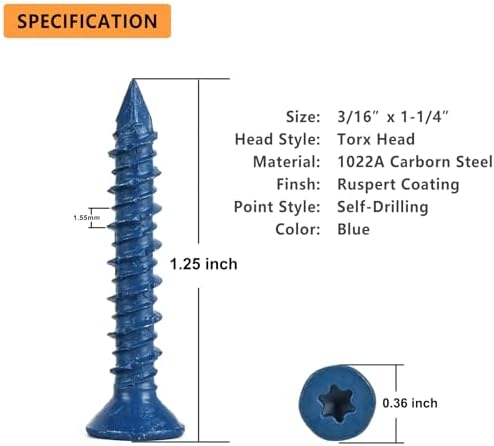 3/16" x 1-1/4" Concrete Screws, Anchoring to Masonry, Brick, Block, Cement or Stucco, 30PCS