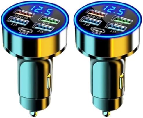 120W 5-Port Car Charger with PD Fast Charging & LED Voltage Display – USB C Cigarette Lighter Adapter (4 USB + 1 PD) for iPhone, Android & Multiple Devices