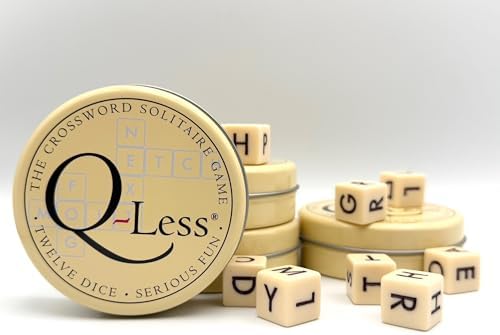 Q-Less – The Original Crossword Solitaire Game, 12 Letter Dice Travel Tin
