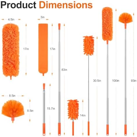 Cobweb Duster with Extension Pole, Pole5-Piece Spider Web Brush with Pole Kit, 100" Telescoping Microfiber Feather Dusters for Cleaning, Bendable Washable Dusters for High Ceilings, Ceiling Fans