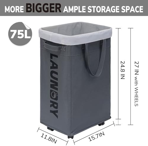 Goodpick 75L Laundry Basket with Wheels & Removable Wash Bag for Dorm