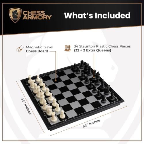 Chess Armory Magnetic 9.5 Inches Travel Chess Set - Folding Board with Storage Box & 2 Extra Queen.