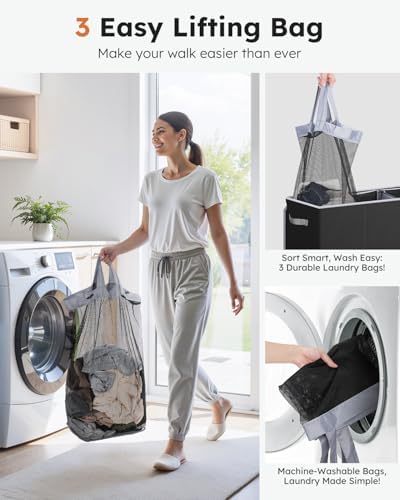 SOLEDI Large Laundry hamper 3 Section with Laundry Bag, XL Clothes Basket