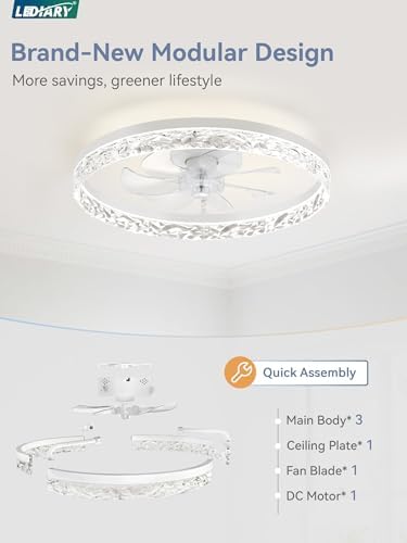 LEDIARY 20" Modern Ceiling Fans with Lights and Remote, White Fandelier