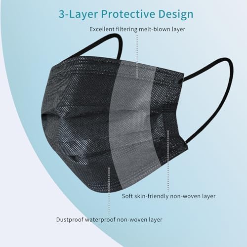 akgk 100Pcs Disposable Face Masks, Black Face Mask, 3 Ply Disposable Mask