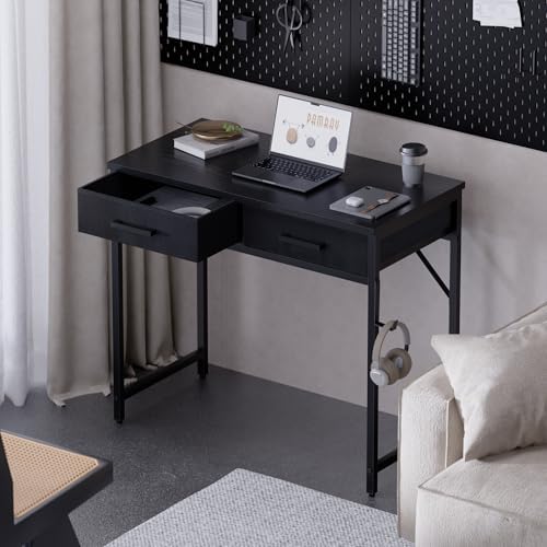 Pamray 32 Inch Small Computer Desk with 2 Drawers for Bedroom Study Writing Home Office Table for Small Spaces Black