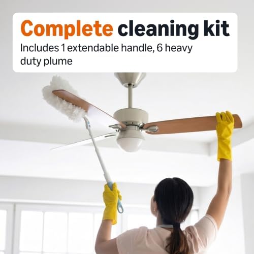 Amazon Basics 360° Heavy Duty Duster Kit with Extendable Handle and 6 Microfiber Plumes Refills for Pet Hair