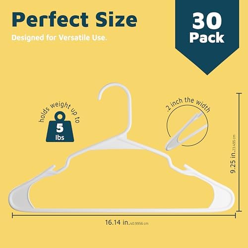 Lifemaster Plastic Clothes Hanger Set - 30 Pieces Versatile, Lightweight, Space-Saving, Non-Slip, Slim Designed, Dry and Wet Clothes Hanger Set - White