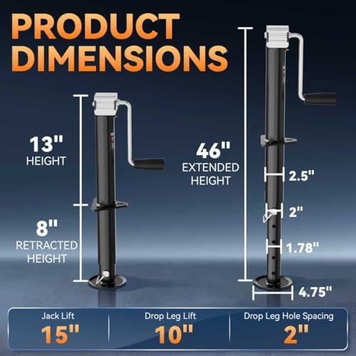 5000 lbs 15" Lift Side Wind A Frame Trailer Jack, RV Tongue Jack