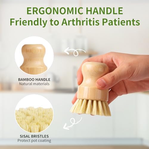 4 Pack Bamboo Dish Brush with Sisal Bristles for Kitchen Cleaning