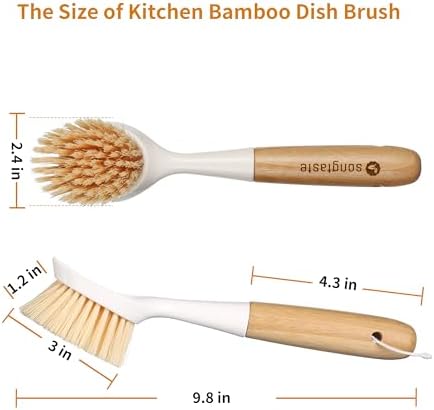 2 Pack Kitchen Dish Brush Bamboo Handle Dish Scrubber Built-in Scraper