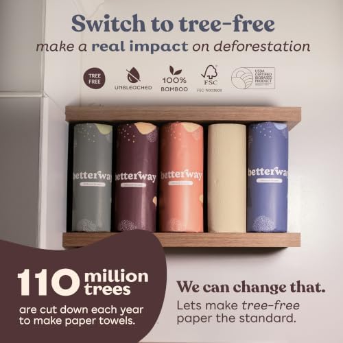 Betterway Bamboo Natural Brown Paper Towels - 8 Rolls, 2 Ply, 110 sheets - Plastic Free, PFAS Free, Disposable Kitchen Paper Towels - Select Size, Tree Free, Compostable, Strong & Absorbent