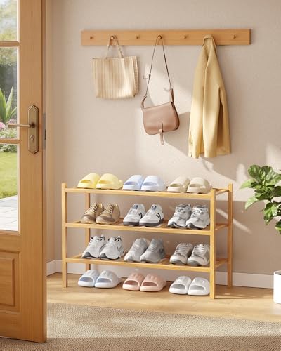 Kitsure Bamboo Wooden Shoe Rack for Closet, 26.8" Wide - 3 Tiers, Natural