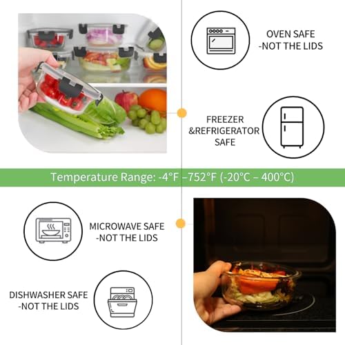 18 Piece Glass Food Storage Containers with Snap Locking Lids for Meal Prep