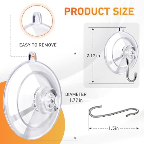 KORCCI Suction Cup Hooks 6Pack - Max Load 10LB, No Trace, Reusable & Removable, 1.77Inch Clear Medium Suction Cups, Stainless Steel Hooks, for Tile, Glass, Window, Shower, Kitchen, Bathroom, Decor