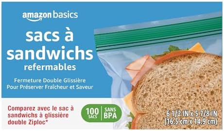 Amazon Basics Reclosable Double Zipper Sandwich Storage Bags for Food Storage, BPA Free, 100 Count