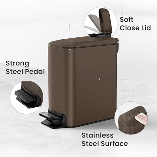 Cesun Small Bathroom Trash Can with Lid, 1.6 Gal, Soft Close, Brown