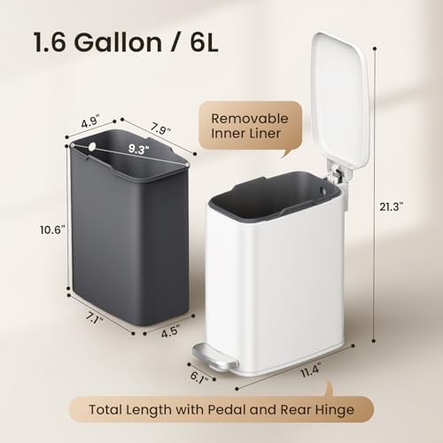 Cesun Slim Bathroom Trash Can with Lid, Soft Close, White, 6L/1.6 Gallon