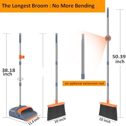 Upgrade Broom and Dustpan Set, Self-Cleaning with Dustpan Teeth, Indoor&Outdoor Sweeping, Ideal for Dog Cat Pets Home Use, Stand Up Broom and Dustpan (Gray&Orange)