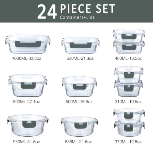 M MCIRCO 24 Piece Glass Food Storage Containers with Lids,Gray