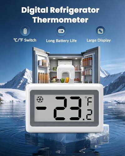 Refrigerator Thermometer Digital, Fridge Freezer Thermometer with Large LCD Display, Magnetic Freezer Temperature Gauge with ℃/℉ Switch for Kitchen, Home, Room