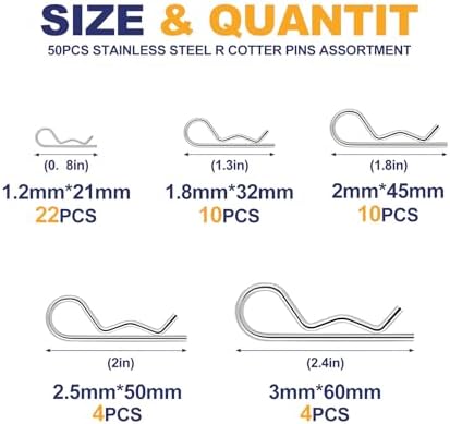 50 Pcs Cotter Pins Assortment Kit R Clips 5 Sizes