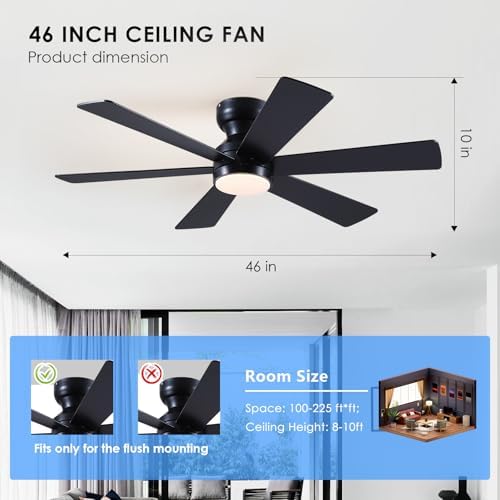 Asyko 46"Black 6-Blade Modern Low Profile Ceiling Fan with Light and Remote