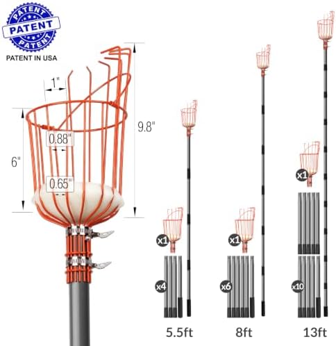 Walensee 13FT Fruit Picker Pole with Basket, 35-158 Inch Adjustable Mango Picker Tool, Stainless Steel Telescoping Cherry Picker for Tree, Apple Pear Lemon Orange Avocado Picking