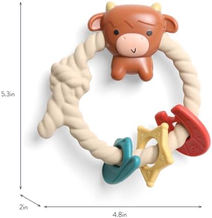 Itzy Ritzy Rattle Teether, Silicone Teething Toy w/ 3 Rings (Highland Cow)