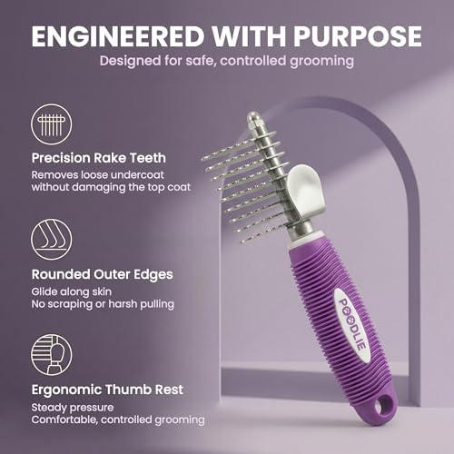 Poodle Dematting Fur Rake Comb Brush for Dogs and Cats - Long 2.5" Steel Safety Blades Metal Comb for Detangling Matted or Knotted Undercoat Hair