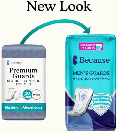 Because Premium Guards for Men - 20 Count Pack of Discreet, Individually Wrapped Bladder Protectors - Complete Absorbency, Fast-Locking, Odor Control - Comfort Fit, 2 Cups of Absorbency