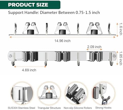 CUXIXA Mop and Broom Holder Wall Mount for Kitchen Garden Laundry Garage