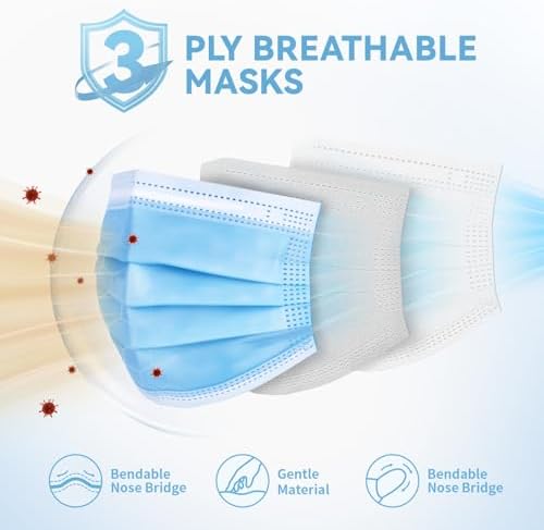 Disposable Face Masks 100 Pack, 3-Ply Breathable Masks with Soft Comfortable Earloops, Adjustable Nose Clip for Office, Travel, School & Public Use, Blue
