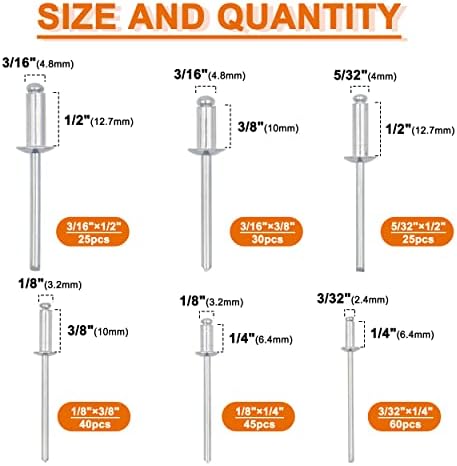 ISPINNER 225pcs Aluminum Blind Rivets Assortment Kit with Heavy Duty Hand Riveter Rivet Gun Tool, 6 Sizes Pop Rivets