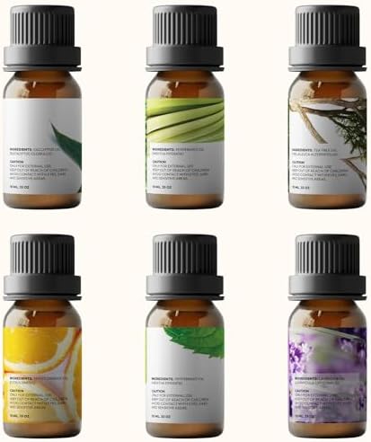 Essential Oils Set by Pure Aroma - Top 6 Aromatherapy Oils Gift Set-6 Pack, 10ml (Eucalyptus, Lavender, Lemongrass, Sweet Orange, Peppermint, Tea Tree)