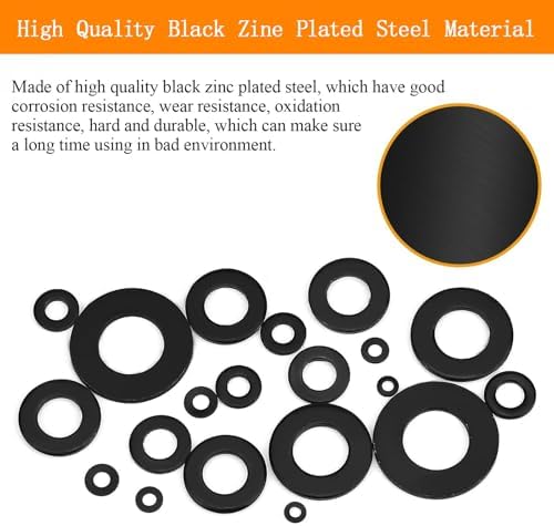 1100Pcs 9 Sizes M2-M12 Black Flat Washers for Screws & Bolts