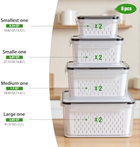 8 PCS Fruit Storage Containers for Fridge, Leakproof Produce Containers