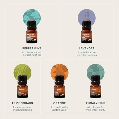 Cliganic Organic Essential Oils Set (Top 5 - The Classics) - 100% Pure Natural - Aromatherapy, Candle Making - Peppermint, Lavender, Eucalyptus, Lemongrass & Orange