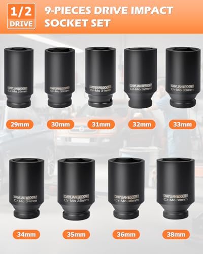 DAYUAN 9 Pcs Axle Nut Hub Impact 1/2" Drive Deep Impact Socket Set