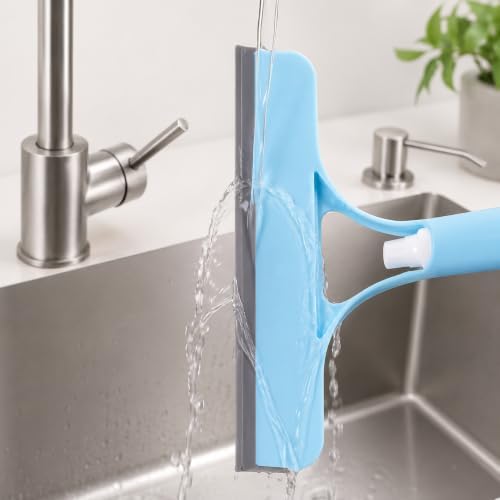 3-in-1 Window and Mirror Cleaner Tool, Bathroom Glass Scraper with Removable Washing Pad, Squeegee and Scrubber for Home Cleaning (Blue)