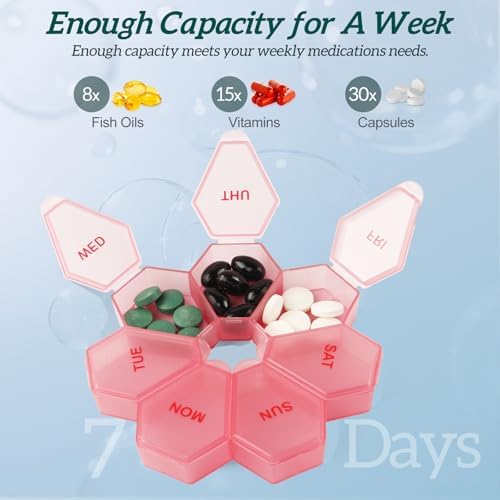 [1Pack] 7-Day Weekly Pill Organizer,Daily Vitamin Case,Pill Box Pinkish-red