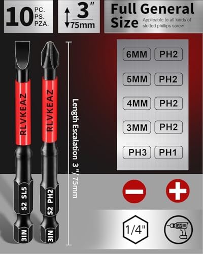 3-Inch Long Magnetic Screwdriver Bit Set, Phillips Slotted, 10-Pack