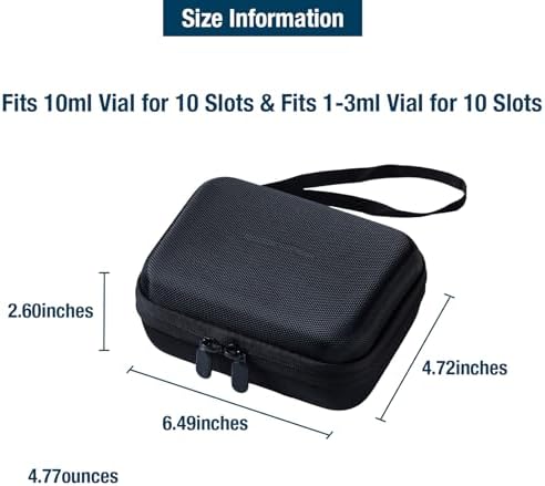 Peptide Case for Fridge, 20 Vials Holder, Fits 1ml 3ml 5ml 10ml Vials Storage, Not Fit Tall 10ml Vial,Diabetes Medication Organizer with Strap, Case Only, Black
