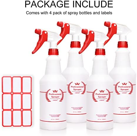 Uineko Empty Spray Bottles, Heavy Duty Sprayer, Mist & Stream, 4 Pack 32 Oz