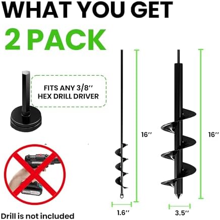 K-Brands Auger Drill Bit for Planting 2 Pack 1.6" x 16" & 3.5" x 16" Set
