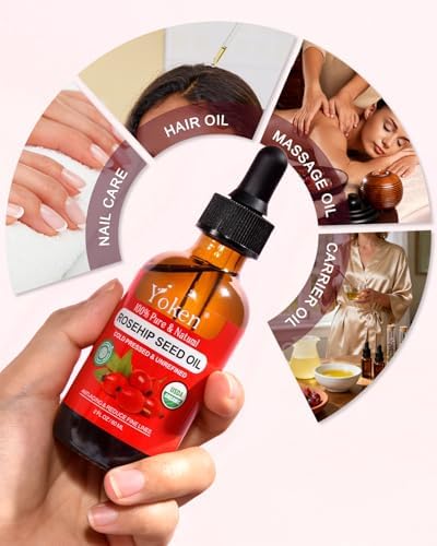 Yoken Organic Rosehip Seed Oil for Face, Skin & Hair, Cold Pressed, 2 fl oz