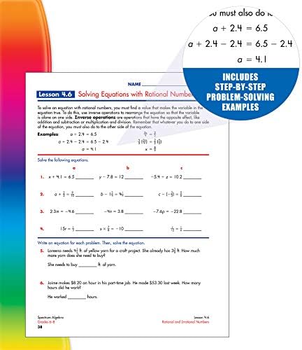 Spectrum Algebra 1 Workbook, Grades 6-8 Math Covering Algebra Equations, Fractions, Inequalities, Graphing, Rational Numbers, Classroom or Homeschool Curriculum